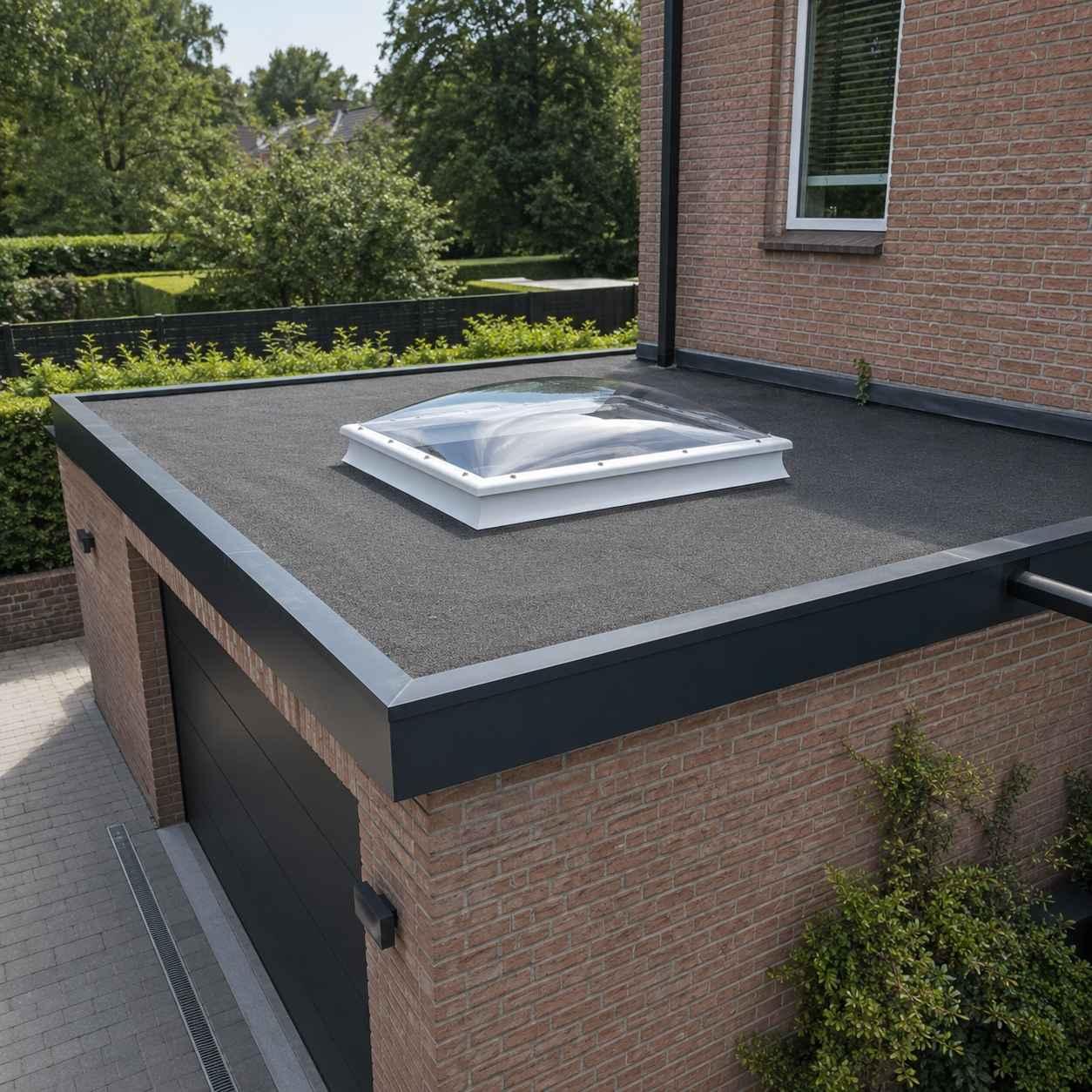 Heldere lichtkoepel op een witte opstand op het platte dak van een bakstenen garage