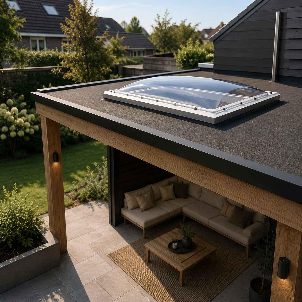 Rechthoekige heldere lichtkoepel in het platte dak van een houten tuinoverkapping met loungeset