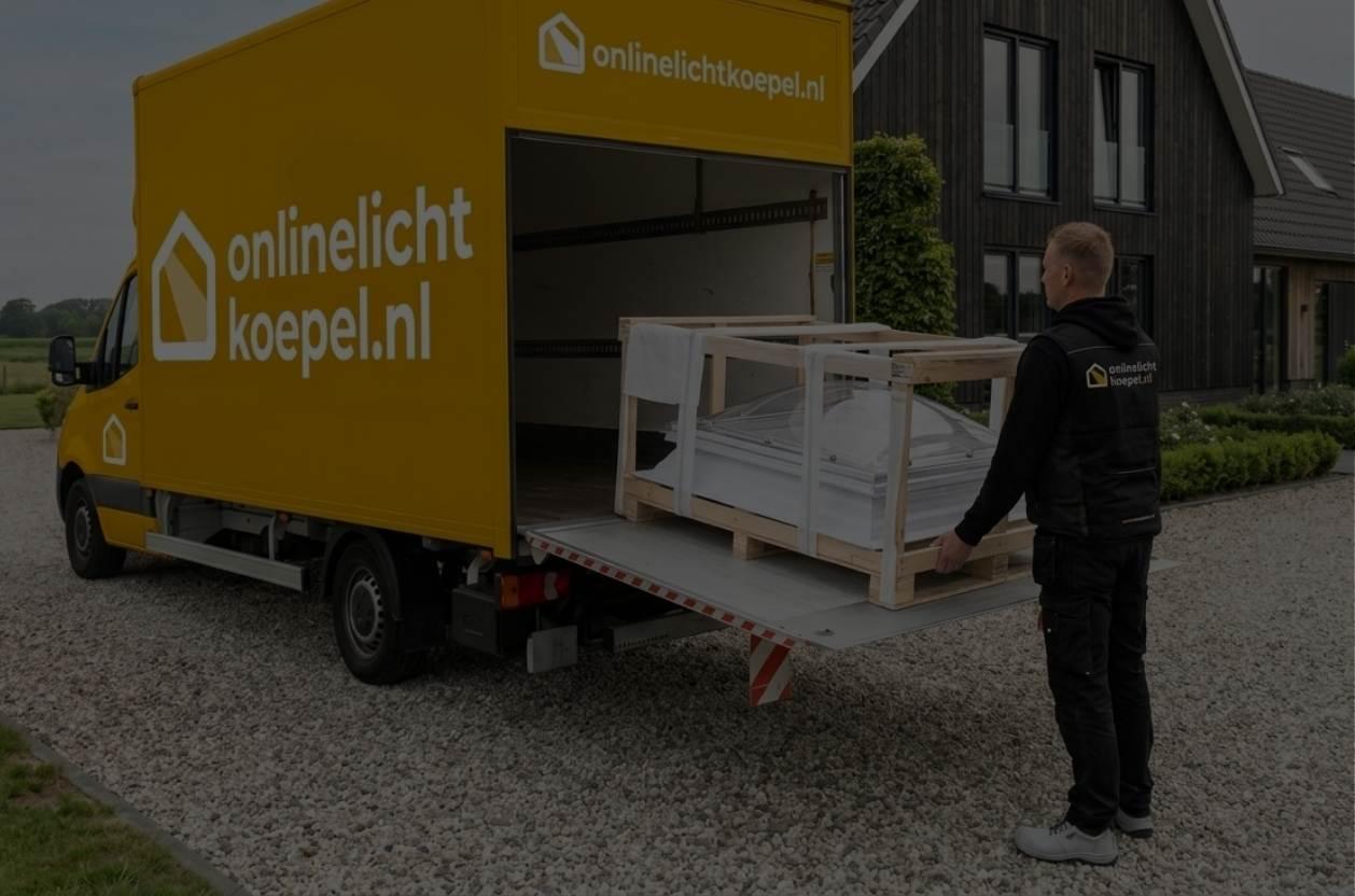 Bezorger lost een lichtkoepel op pallet met de laadklep van de gele bestelbus van OnlineLichtkoepel